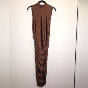 Brown Sleeveless Mock Neck Ruched Bodycon Midi Cocktail Dress Size Medium